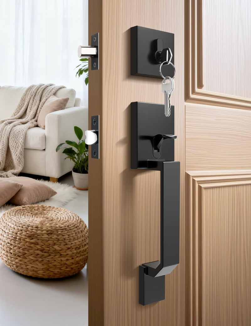 Tinewa Black Square Front Door Handle with Classic Door Lever and Single Cylinder Deadbolt, Upgrated Exterior Entry Door Lock, Reversible for Left & Right Handed 1 Pack - Image 2